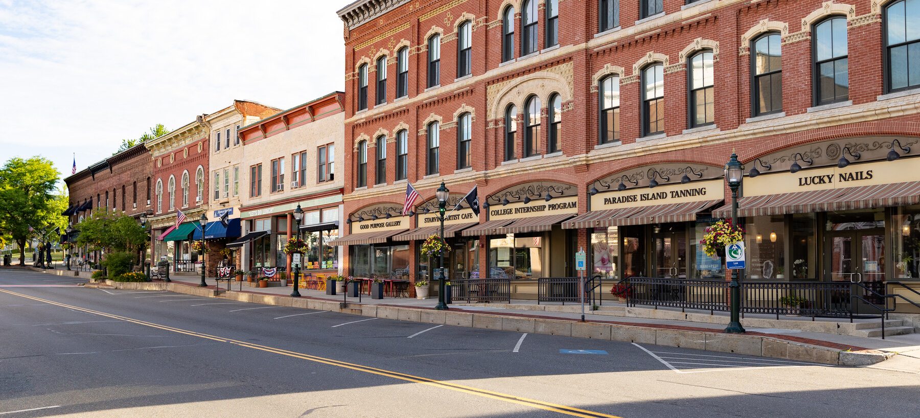 Historic brick storefronts along Main Street in downtown Lee