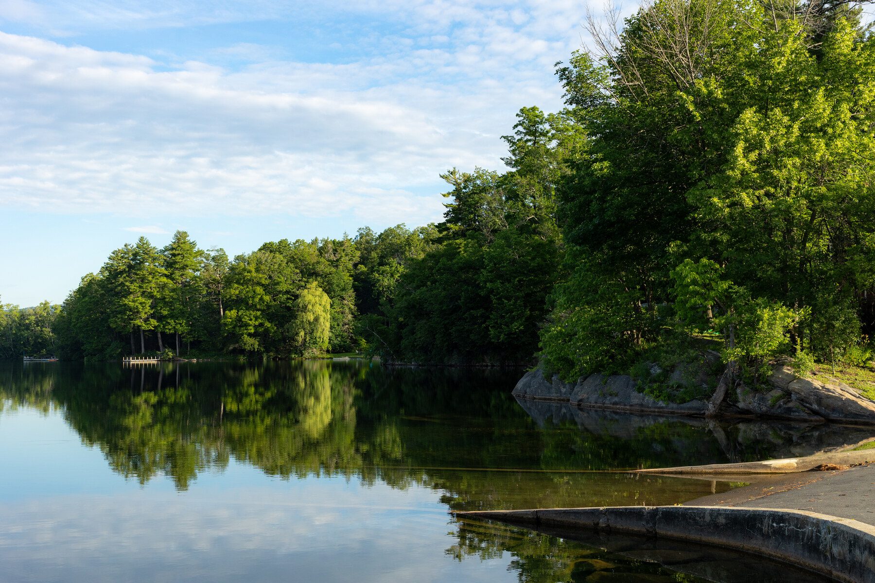 A quiet pond under a summer sky near Lee